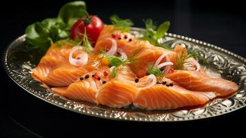 foto van gerookt Zalm schotel net zo een schotel in een hoogwaardig restaurant. generatief ai