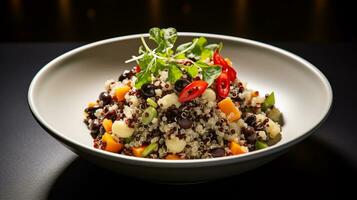foto van quinoa en zwart Boon salade net zo een schotel in een hoogwaardig restaurant. generatief ai