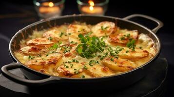 foto van aardappelen au gratin net zo een schotel in een hoogwaardig restaurant. generatief ai