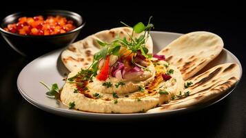 foto van pita en hummus net zo een schotel in een hoogwaardig restaurant. generatief ai