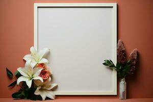 een blanco kader rust Aan een gepolijst oppervlak, vergezeld door een vers bloem ai gegenereerd foto