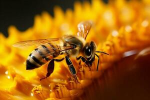 bezig bijen oogst zonnebloem nectar, omhuld in gouden stuifmeel een levendig synergie ai gegenereerd foto