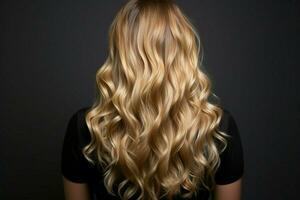 geïsoleerd blond balayage natuur themed haar- zorg afgebeeld in jong dames terug haar- ai gegenereerd foto