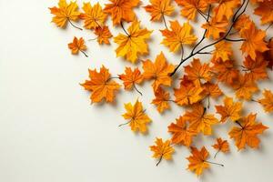 een elegant samenstelling van esdoorn- bladeren vormen een herfst kader Aan wit ai gegenereerd foto