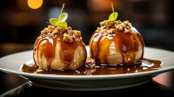 foto van karamel appels net zo een schotel in een hoogwaardig restaurant. generatief ai