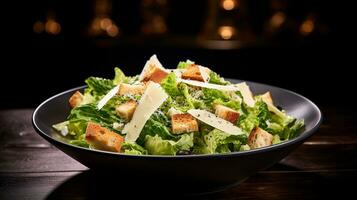 foto van Caesar salade net zo een schotel in een hoogwaardig restaurant. generatief ai