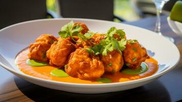 foto van caraïben schelp beignets net zo een schotel in een hoogwaardig restaurant. generatief ai