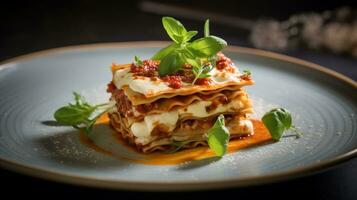 foto van lasagne net zo een schotel in een hoogwaardig restaurant. generatief ai