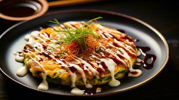 foto van okonomiyaki net zo een schotel in een hoogwaardig restaurant. generatief ai