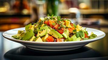 foto van papaja en avocado salade net zo een schotel in een hoogwaardig restaurant. generatief ai