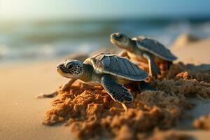 kust- wonder kust uitkomen onthult baby schildpadden net zo ze begin oceanisch verkenning. ai gegenereerd foto