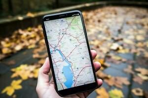 toerist kaarten van Polen met een mobiel telefoon voor navigatie en exploratie ai gegenereerd foto