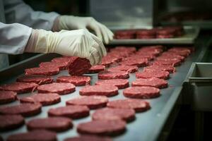Hamburger pasteitjes nemen vorm onder de geschoold handen van toegewijd slagers verwerken ai gegenereerd foto