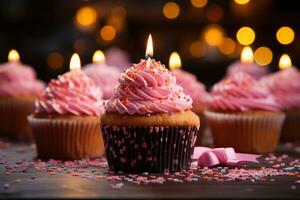 gelukkig verjaardag koekje, brandend kaarsen, roze lint geschenk een feestelijk genot ai gegenereerd foto