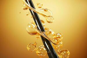 revitaliserend strengen 3d geven vitrines gouden olie bubbels, keratine behandeling Aan beige ai gegenereerd foto