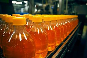 flessen van sap en water glijden langs transportband binnen bruisend drank fabriek ai gegenereerd foto