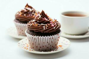 kop van verrukkelijk chocola cakes tentoongesteld Aan een schoon wit achtergrond ai gegenereerd foto