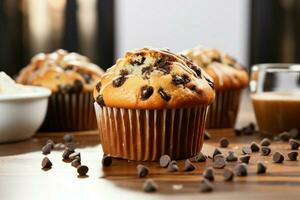 onweerstaanbaar chocola spaander muffin een zoet en geruststellend bakkerij genot ai gegenereerd foto