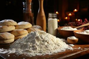 een bakkers tableau rollend pin en meel Aan licht bruin tafel ai gegenereerd foto