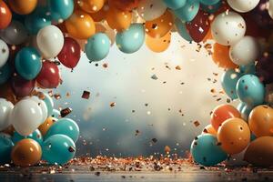 levendig kader ballonnen, wimpels, confetti Aan een levendig backdrop met beschikbaar tekst Oppervlakte ai gegenereerd foto