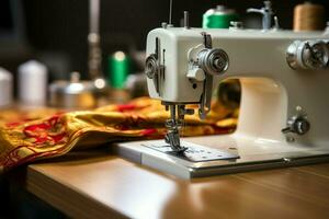 gedetailleerd detailopname van een naaien machine Bij werk met kleding stof en draden ai gegenereerd foto
