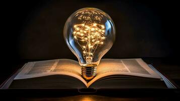boek geeft ideeën. licht lamp Aan een Open boek symboliseert inspiratie. ideaal voor creatief concepten foto