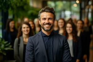 ai generatief groep van gelukkig bedrijf Mens en bedrijf Dames, gekleed in pakken zijn lachend, in de kantoor foto