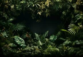 mooi oerwoud achtergrond met grens gemaakt van tropisch bladeren backdrop met kopiëren ruimte foto