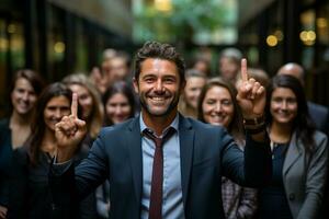 ai generatief groep van gelukkig bedrijf Mens en bedrijf Dames, gekleed in pakken zijn lachend, in de kantoor foto