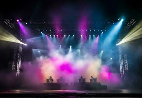 ai generatief concert stadium landschap met schijnwerpers gekleurde lichten rook foto