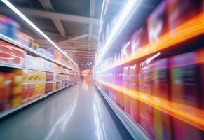 ai generatief wazig boodschappen doen schappen in supermarkten en afdeling winkels realistisch beeld ultra hd hoog ontwerp foto