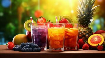 foto een voorkant visie vers fruit cocktails met vers fruit plakjes ijs koeling Aan blauw, drinken sap co