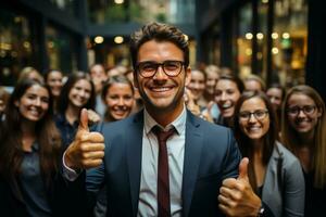 ai generatief groep van gelukkig bedrijf Mens en bedrijf Dames, gekleed in pakken zijn lachend, in de kantoor foto