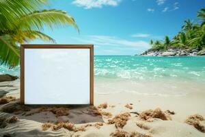 zomer ga weg perfectie palm omzoomd strand, azuur oceaan, en een whiteboard voor creativiteit ai gegenereerd foto