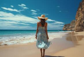 ai generatief jong toerist vrouw in zomer jurk en hoed staand Aan mooi zanderig strand. schattig meisje genieten van foto