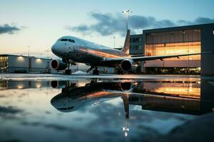 reflectie van een passagier vliegtuig in de buurt de jetway gevangen genomen in een plas ai gegenereerd foto