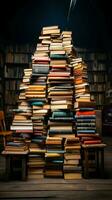 boekenwurmen genot een torenhoog stack van boeken Bij de boekhandel verticaal mobiel behang ai gegenereerd foto