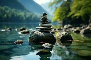 zen heiligdom, rustig aura, evenwichtig stenen, sereen natuur instelling, meditatief sfeer ai gegenereerd foto