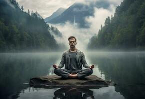 ai generatief foto van een Mens beoefenen opmerkzaamheid en meditatie in een vredig natuurlijk milieu Sony a7s realistisch afbeelding, ultra hd, hoog ontwerp heel gedetailleerd