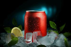 een verfrissend zomer drankje, genesteld in een gekoeld kan met sprankelend ijs kubussen ai gegenereerd foto