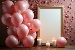 verjaardag elegantie vlak leggen van pastel roze tafel, ballon ingelijst kader, en confetti ai gegenereerd foto