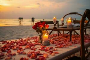 creëren gekoesterd herinneringen met een strand diner, kaarsen, bloemen, en zonsondergang ai gegenereerd foto