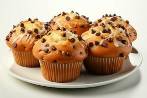 chocola spaander muffins, geladen met goedheid, Aan een schoon, helder wit achtergrond ai gegenereerd foto