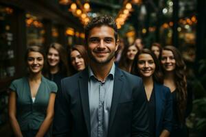 ai generatief groep van gelukkig bedrijf Mens en bedrijf Dames, gekleed in pakken zijn lachend, in de kantoor foto