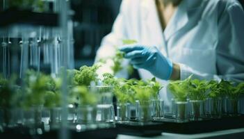 wetenschappelijk Onderzoek verstrengelt zich met natuur net zo wetenschappers studie groen planten in de laboratorium ai gegenereerd foto