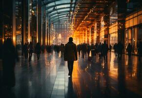 silhouet van mensen wandelen in een stad Bij schemer foto