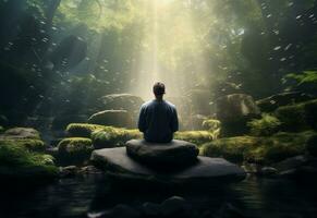 ai generatief foto van een Mens beoefenen opmerkzaamheid en meditatie in een vredig natuurlijk milieu Sony a7s realistisch afbeelding, ultra hd, hoog ontwerp heel gedetailleerd