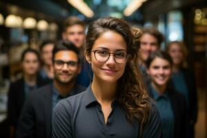 ai generatief groep van gelukkig bedrijf Mens en bedrijf Dames, gekleed in pakken zijn lachend, in de kantoor foto