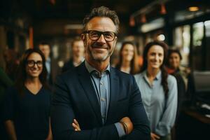 ai generatief groep van gelukkig bedrijf Mens en bedrijf Dames, gekleed in pakken zijn lachend, in de kantoor foto