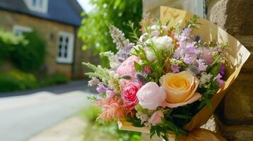 bloem winkel levering en vakantie geschenk post- onderhoud, mooi boeket van bloemen Aan een huis drempel in de platteland, generatief ai foto